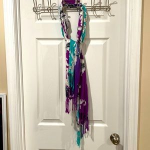 Purple teal black and white scarf with fringe on the ends
